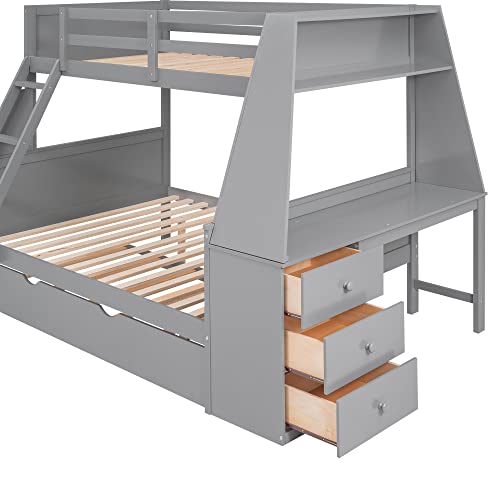 Twin Over Full Bunk Bed with Desk and Trundle, Wooden Bunk Beds Twin over Full Size with Storage Drawers and Shelf