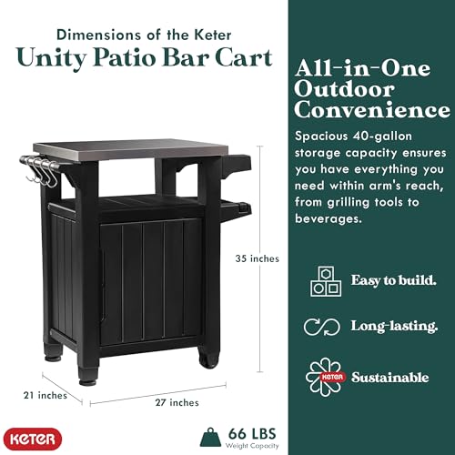 Keter Outdoor Rolling Table Cart for Food Prep, Storage, Bar & Grill, Dark Brown - Portable Kitchen Island Tabletop with Wheels for Drinks, Snacks