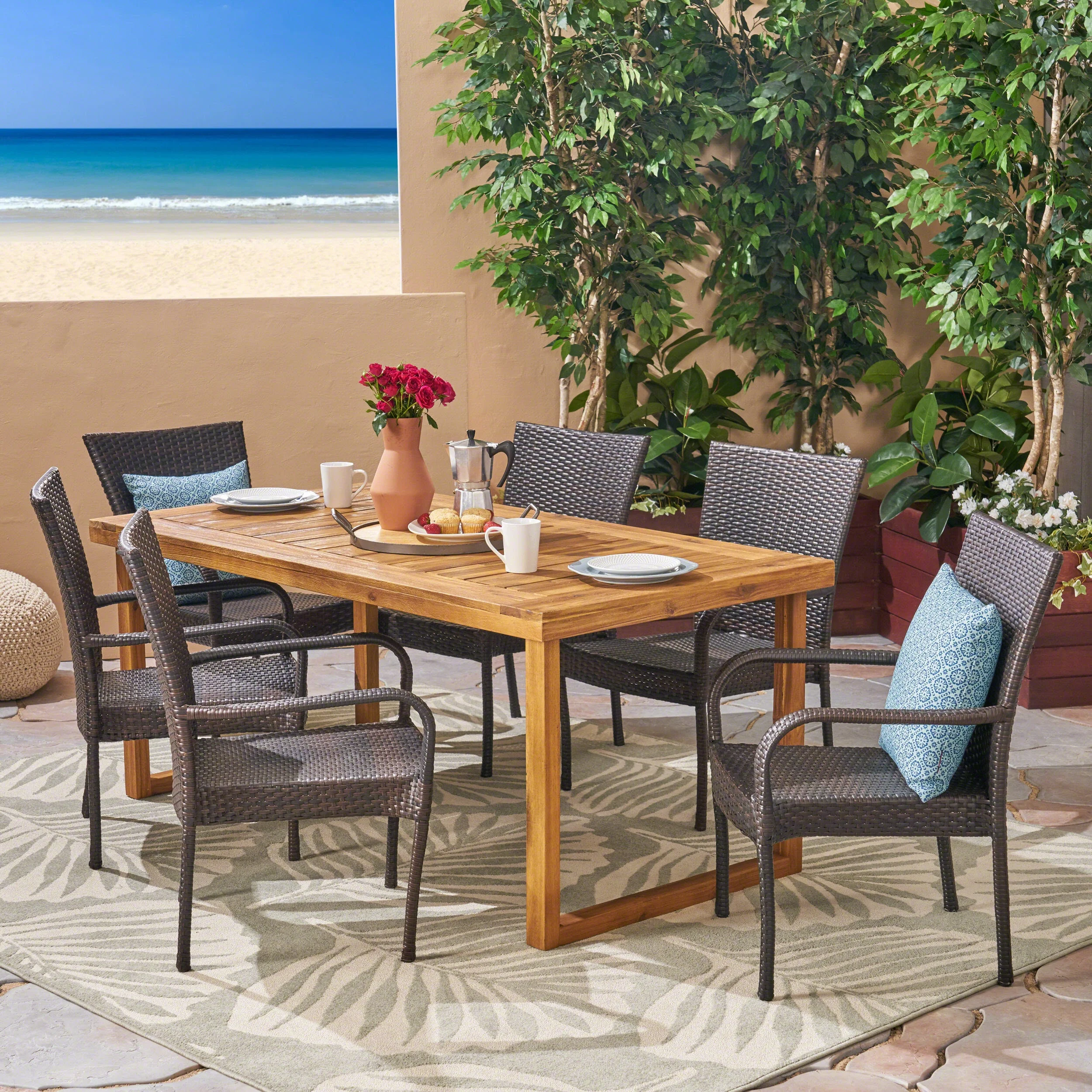 GDF Studio Maurepas Outdoor Acacia Wood and Wicker 7 Piece Dining Set, Teak, Brown, and Cream