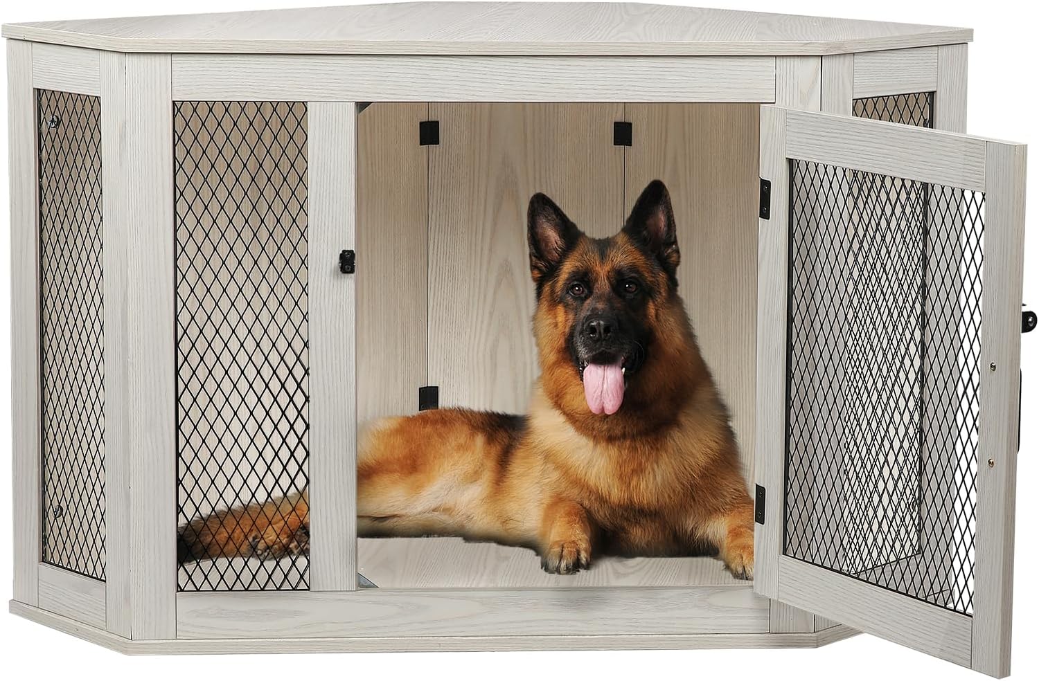 OFIKA Corner Dog Crate Furniture, Wooden Corner Dog Kennel Side End Table with Metal Mesh