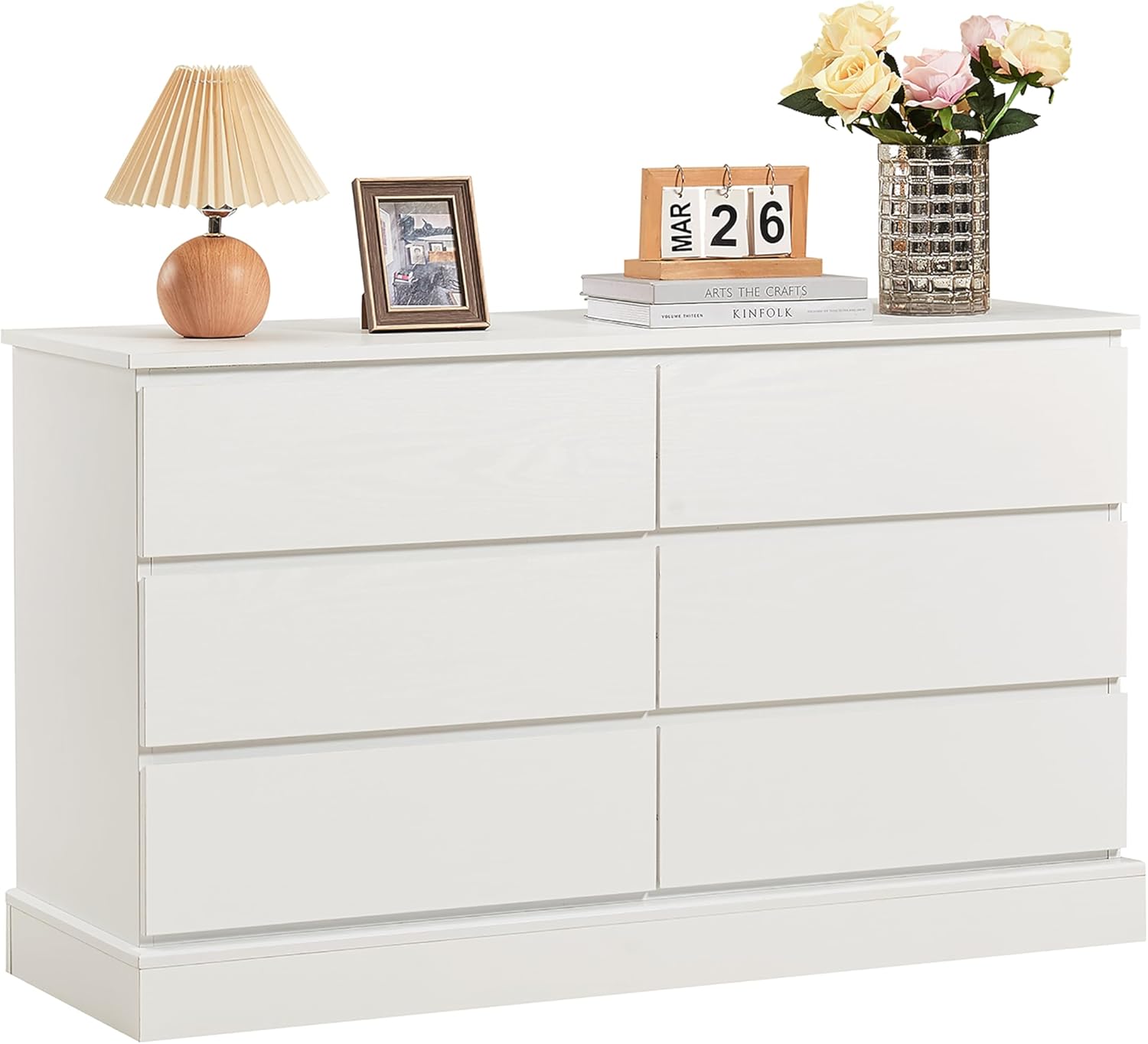 White Dresser with 6 Drawers, Modern Dresser, Nursery Dresser Organizer, Deep Chest of Drawers, Wood Dressers Storage for Bedroom, Living Room