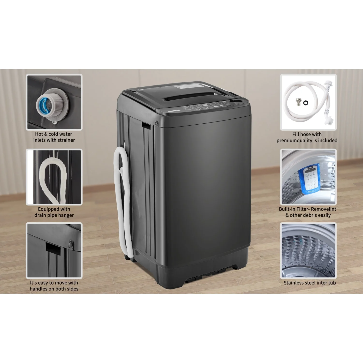 Churanty Small Portable Home Automatic Washer Machine with Drain Pump 17.6 Pounds for Apartments Dorms Laundry