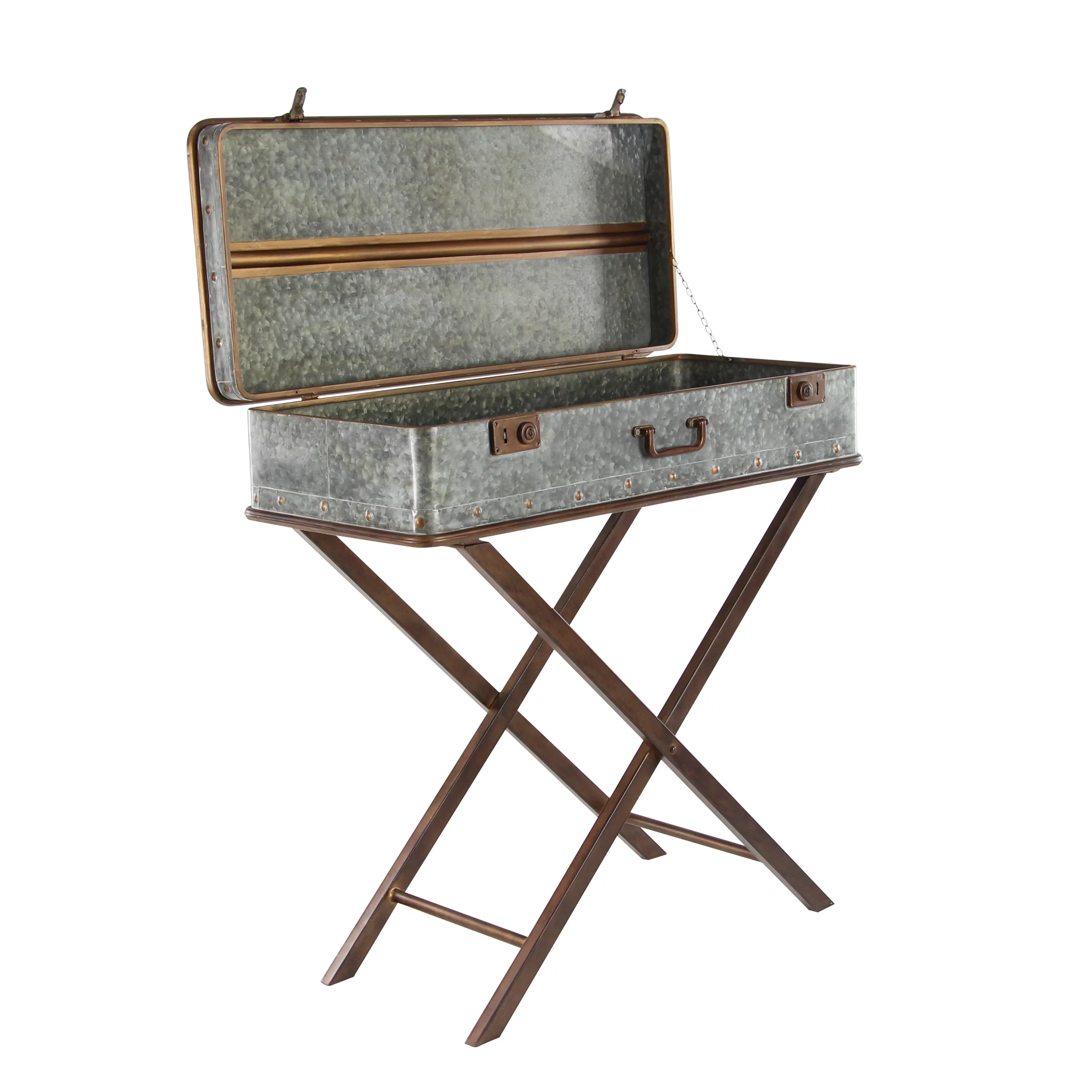 DecMode 32" x 32" Gray Metal Accent Table with Suitcase Style Top, 1-Piece