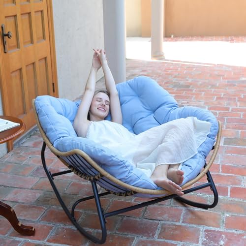 SWITTE Outdoor Rocking Chair, Oversized Patio Papasan Rocker, Comfy Wicker Reading Lounge, Indoor Egg Chair for Bedroom, Living Room, Porch, Garden