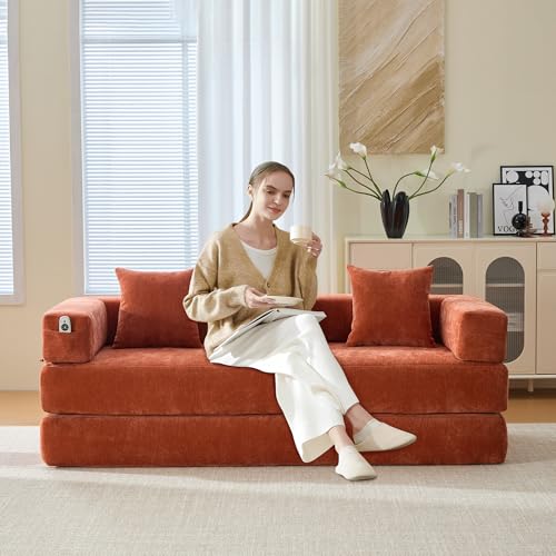 Convertible Sleeper Sofa Bed with Cylindrical Pillow, Corduroy Folding Mattress Couch with Fixed-Shape Frame