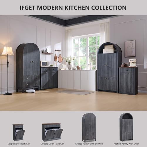 71" Tall Arched Kitchen Pantry, Modern Fluted Wood Storage Cabinet with Doors, 3 Adjustable Shelves, 6 Door Shelves, Organizer