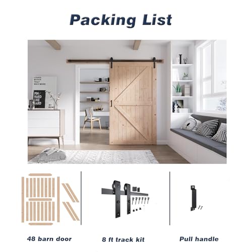 FREDBECK 48in x 80in Sliding Wood Barn Door with 8FT Barn Door Hardware Kit Included K Shape Solid Spruce Panel Sliding Door Double Surfaces Need to