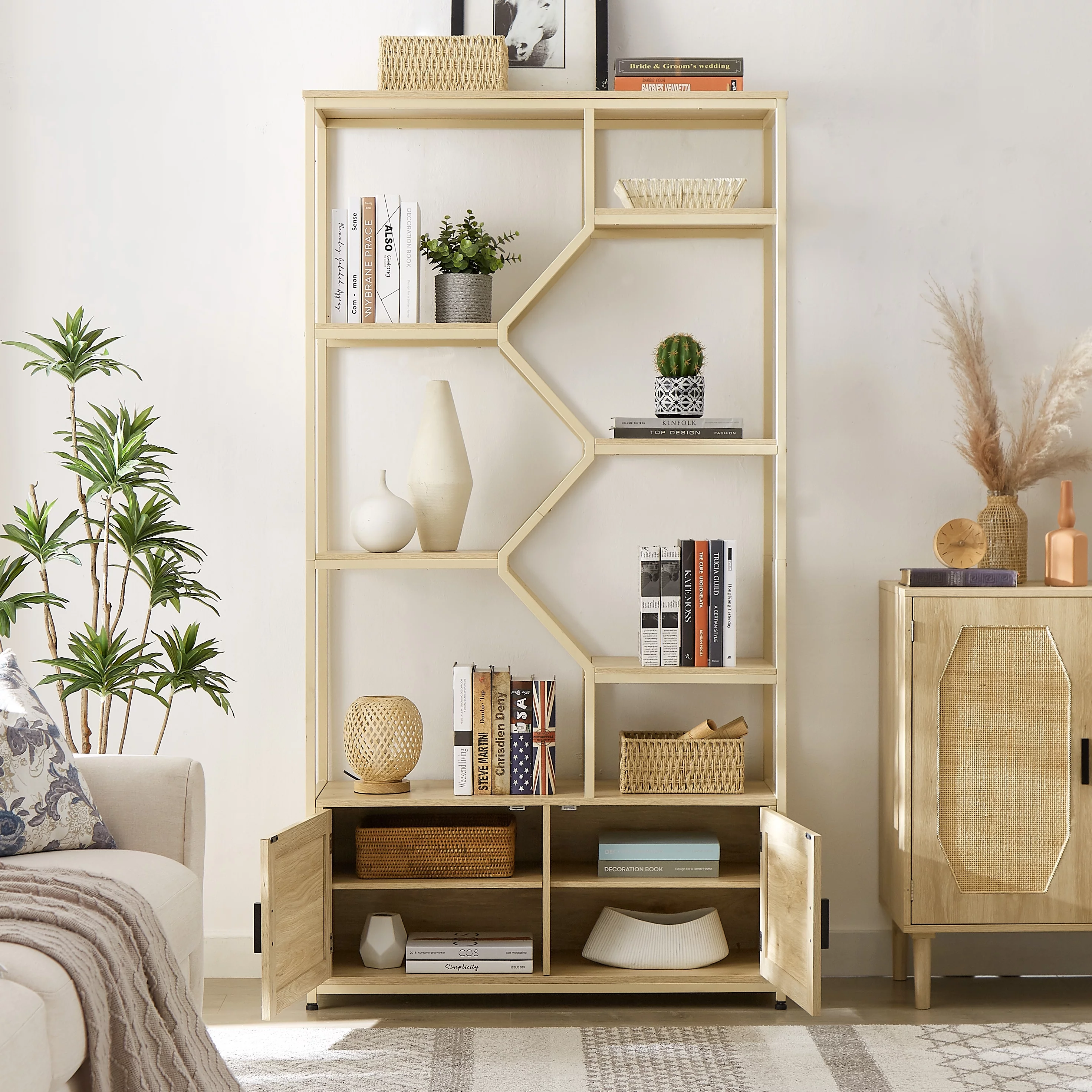 Royard Oaktree 7 Tiers Bookcases Wood Open Bookshelf with Cabinet and Rattan Door Large Display Storage Shelf for Living Room Bedroom Home Office