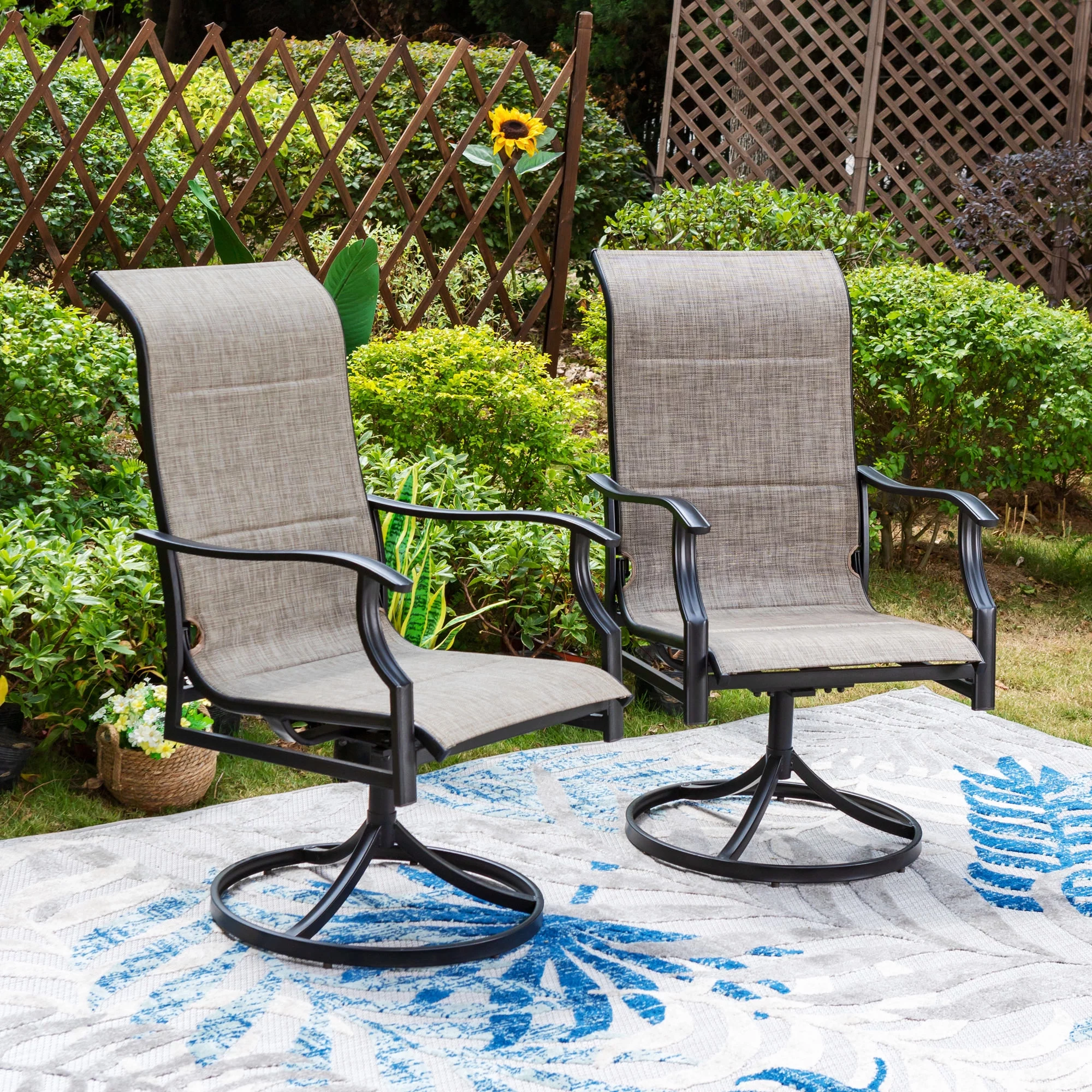 MF Studio 7-Piece Outdoor Patio Dining Set with High-Back Swivel Padded Chairs & Rectangle Table with Umbrella Support, Black & Gray