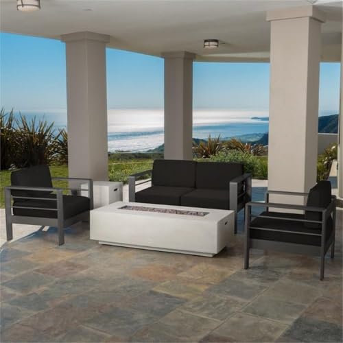 GDFStudio Coral Bay Outdoor Grey Aluminum 5 Piece Loveseat Chat Set with Fire Table (Dark Grey)