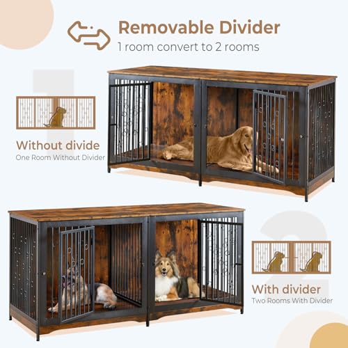 71'' Dog Crate Furniture for 2 Large Medium Dogs, XXL Wooden Indoor Double Crate Kennel Cage Large Breed with Door, TV Stand End Table with Divider