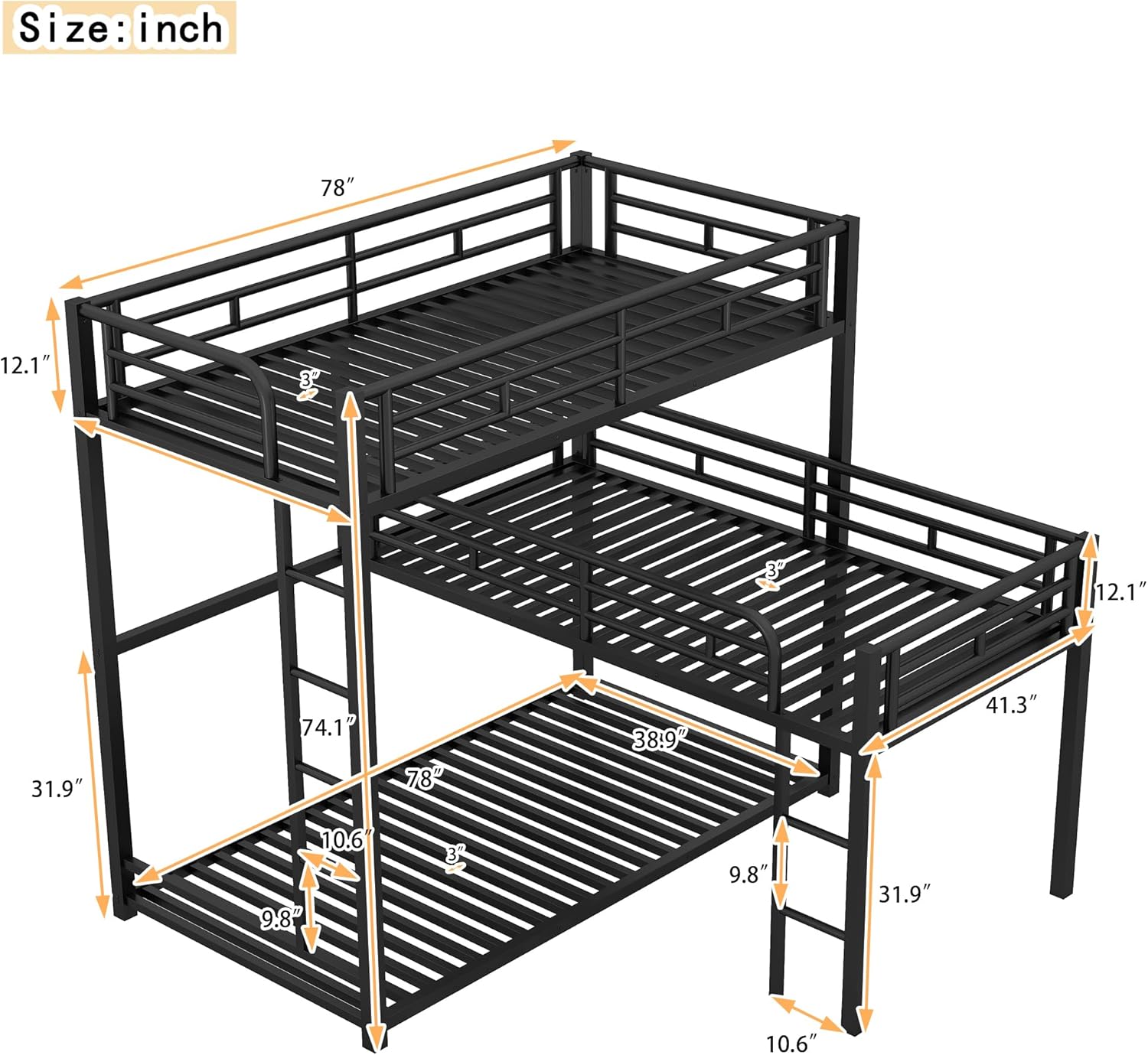 L-Shaped Triple Bunk Bed, Heavy Duty Metal Twin Size Bunk Bed with Ladder and High Guardrail, Triple Bunk Bed for 3 Kids Teens Adults, Space Saving