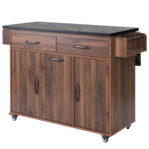 Ball & Cast Farmhouse Kitchen Island with Drop Leaf & Barn Door,Rolling Kitchen Cart on Wheels with Power Outlet,3 Large Drawers