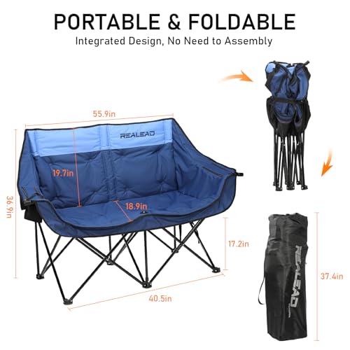 REALEAD Heated Double Camping Chair, 3 Heat Levels and 4 Heating Zones, Portable Heated Loveseat Chair for Outdoor Sports Support 650lbs