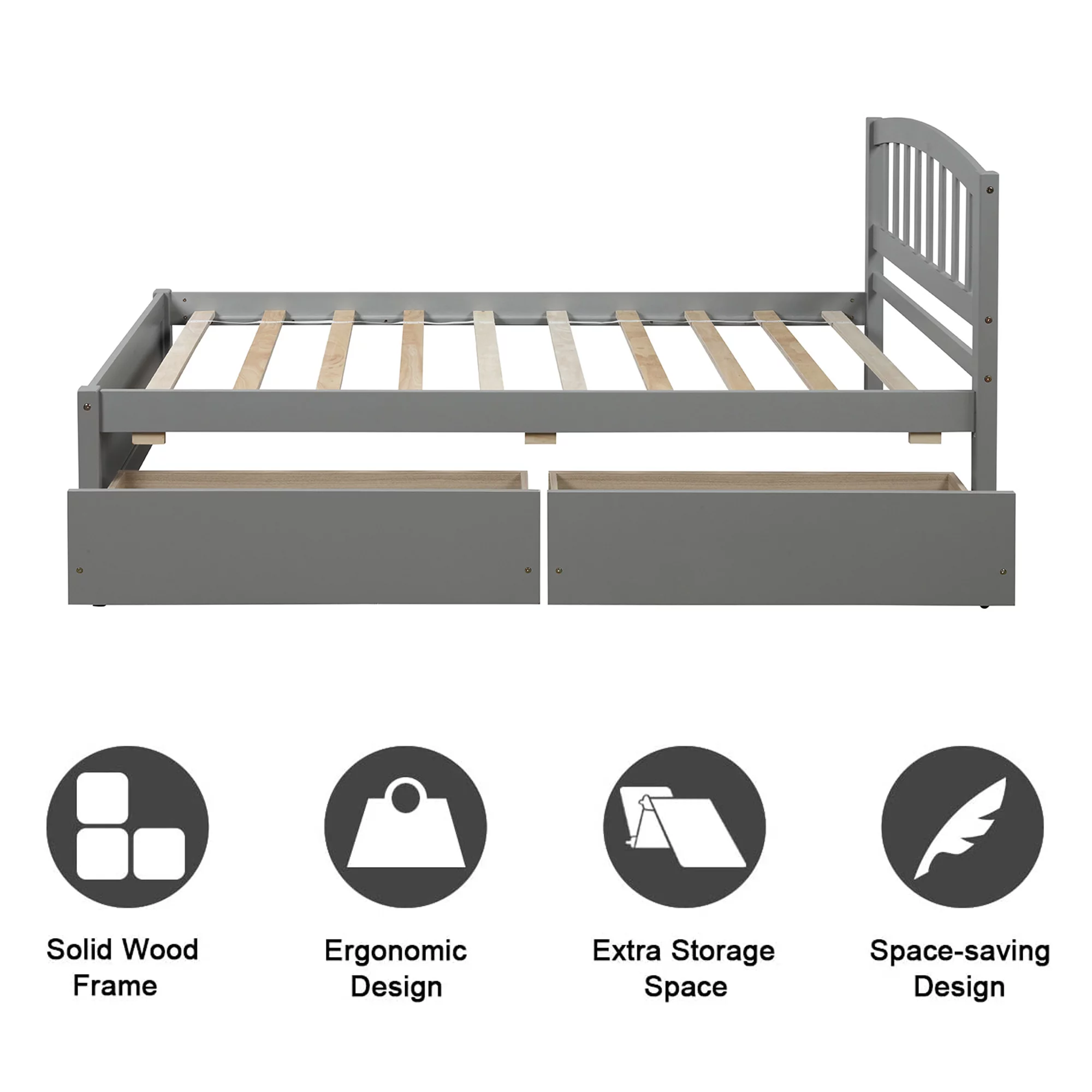 Bellemave Twin Bed Frame with 2 Storage Drawers, Wood Platform Beds with Headboard, Modern Kids Storage Bed (Grey)