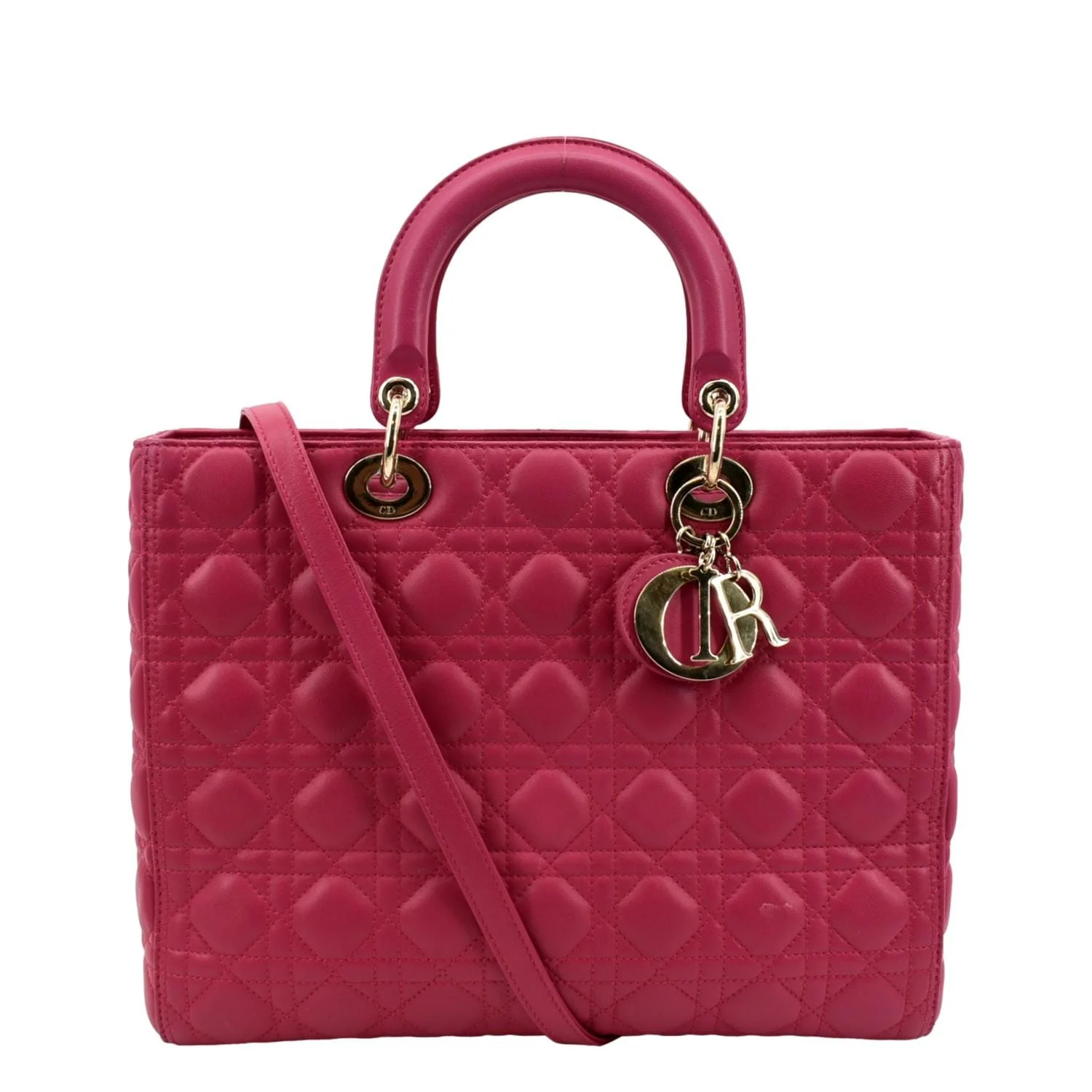Pre-owned CHRISTIAN DIOR Large Lady Dior Cannage Lambskin Shoulder Bag Pink