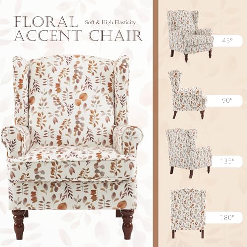 MELLCOM Floral Accent Chair, High Back Upholstered Armchair with Solid Legs, Leisure Single Sofa Chair for Living Room, Bedroom, Home Office