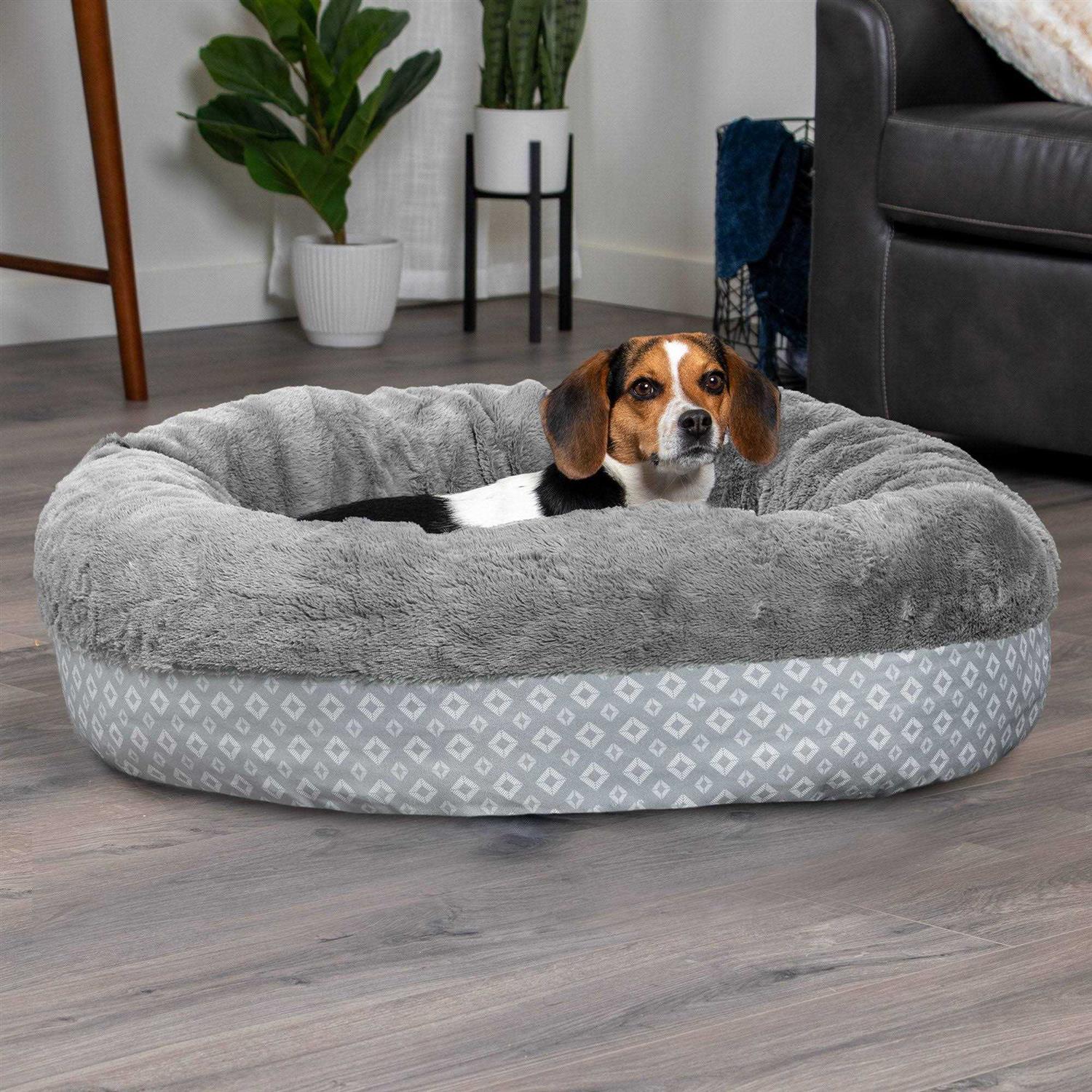 FurHaven Plush &amp; Diamond Print Calming Donut Pet Bed for Dogs &amp; Cats - Pet Supplies online store