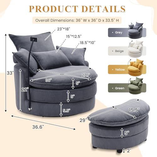 Swivel Barrel Accent Sofa Chair with Phone Holder & Storage Ottoman