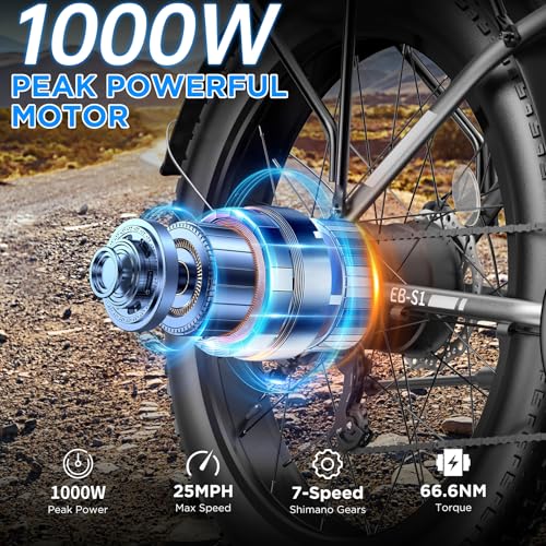 Electric Bike for Adults, 1000W Peak Ebike, 25MPH 60Miles Electric Mountain Bike, 26" Fat Tire Electric Bicycle with 48V 13AH Battery, Rear Rack