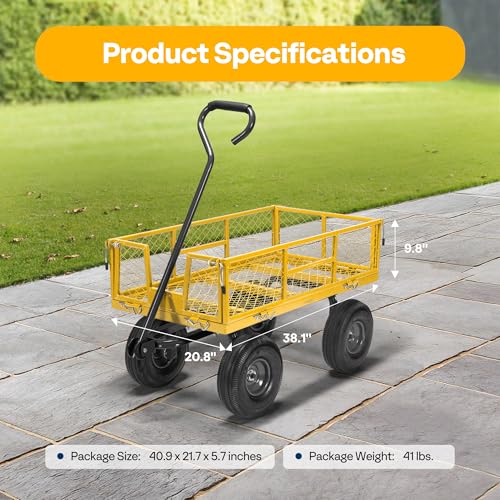 VIVOHOME Heavy Duty 880 Lbs Capacity Mesh Steel Garden Cart Folding Utility Wagon with Removable Sides and 4.10/3.50-4" Wheels 10 inch Tire (Black)