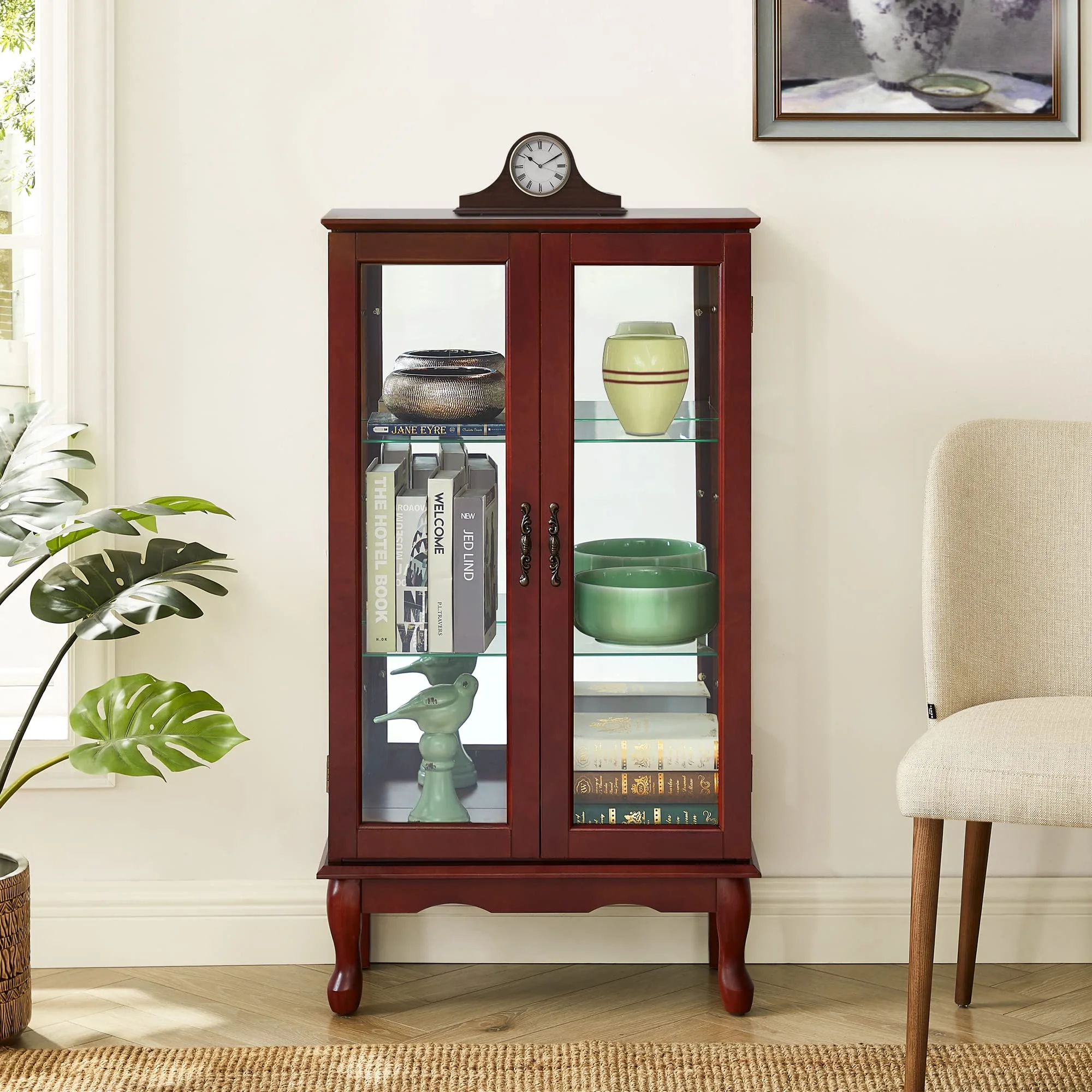 Ufurpie 3 Tier Curio Cabinet Lighted Curio Display Cabinet with Adjustable Shelves and Mirrored Back Panel,Tempered Glass Doors