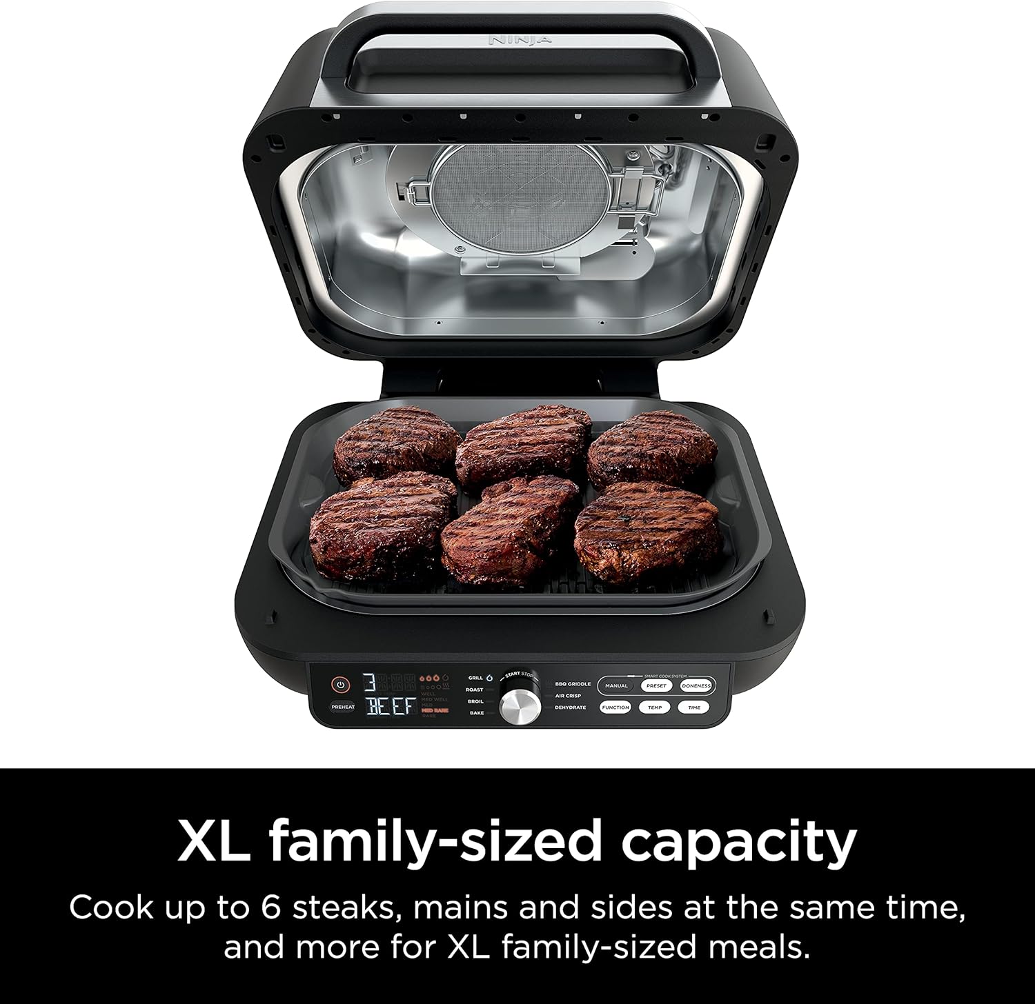 Ninja IG651 Foodi Smart XL Pro 7-in-1 Indoor Grill/Griddle Combo, use Opened or Closed, Air Fry, Dehydrate & More, Pro Power Grate, Flat Top, Crisper