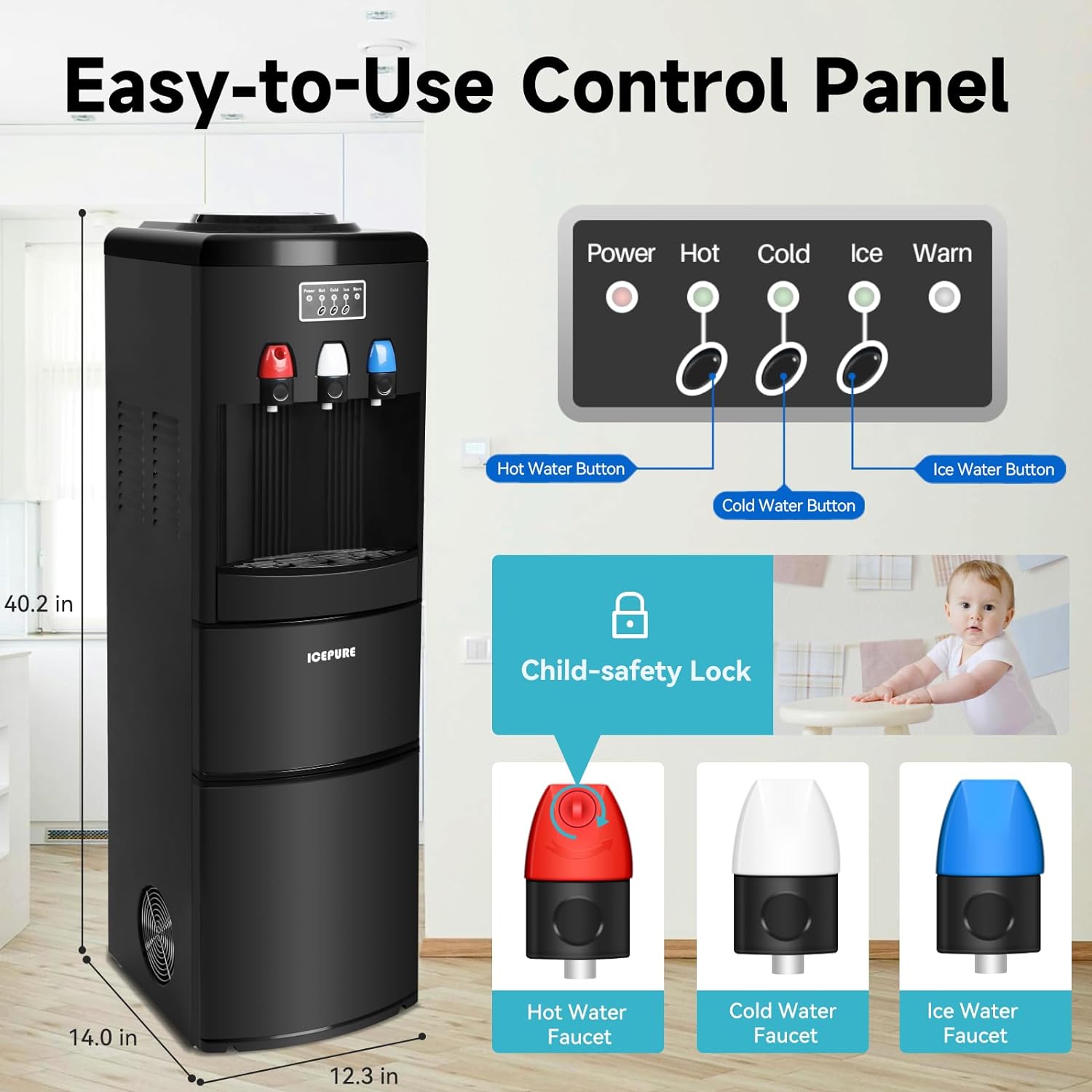 ICEPURE Water Dispenser with Ice Maker, 3-in-1 Hot and Cold Water Cooler with Built-in Bullet Ice Maker Machine, 26.5lbs/24H