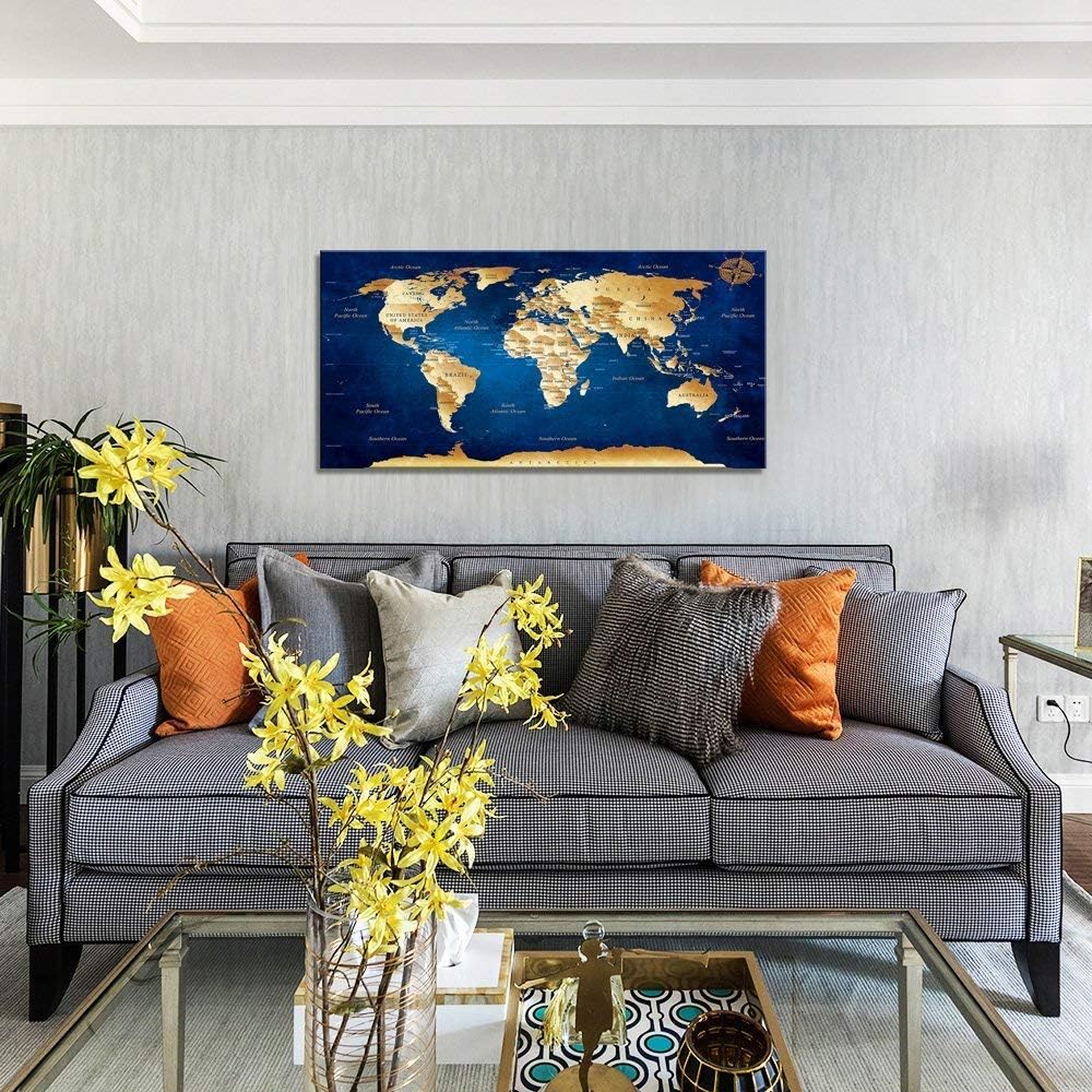 Wall Art blue map of the world Painting Ready to Hang -20 x 40 Pieces Large Framed wall art world Map Canvas Art Map wall decorations Artwork Prints