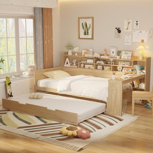 Corner Twin Bed Frame with Bookcase Storage and Desk, Wood Day Beds with 2 Drawers, Twin Size Daybed with Storage for Living Room