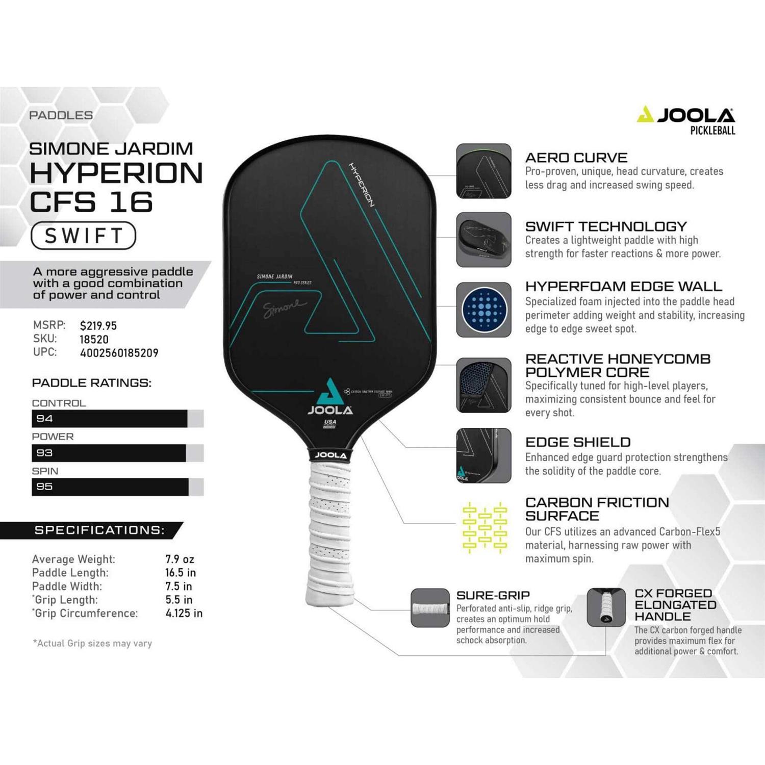 JOOLA Pickleball Paddle Simone Jardim Hyperion CFS - Sports Supplies Online Store