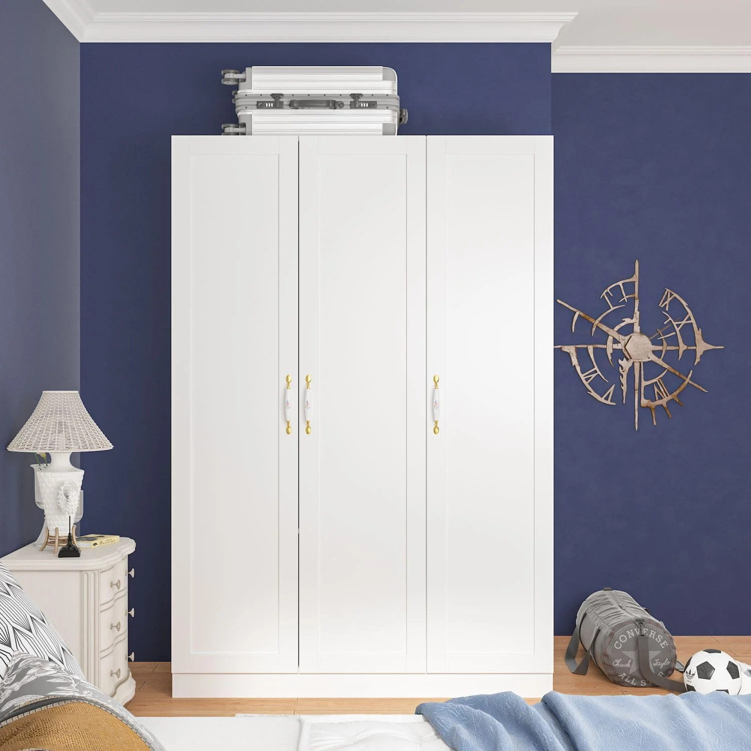 3 Door Wardrobe Closet with Ceramic Handles, Armoire Wardrobe Closet with Hanging Rod, Armoire with Shelves