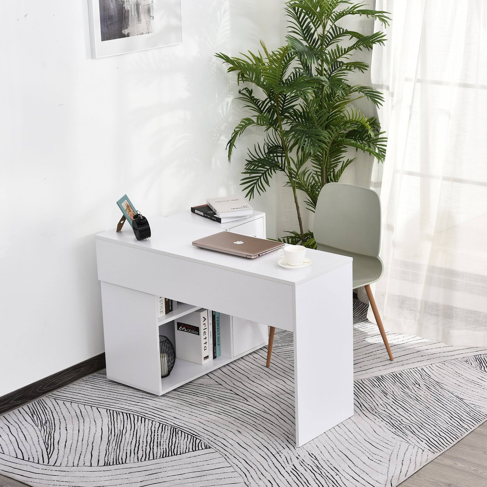 Homcom L Shaped Computer Desk Workstation with Storage Shelves and Cabinet for Home u0026 Office - White