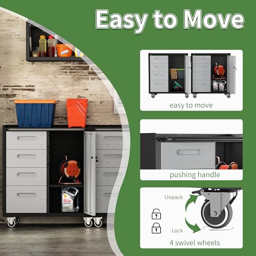 Metal Garage Storage Cabinet with Wheels,Locking Rolling Tool Cabinet with Drawers and Shelves for Home, Office, Garage & Workshop