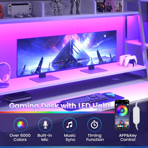 SEDETA Gaming Desk 78.8'' with LED Lights, Hutch and Storage Shelves, Computer Desk with Monitor Stand, Large PC Gamer Desk Workstation