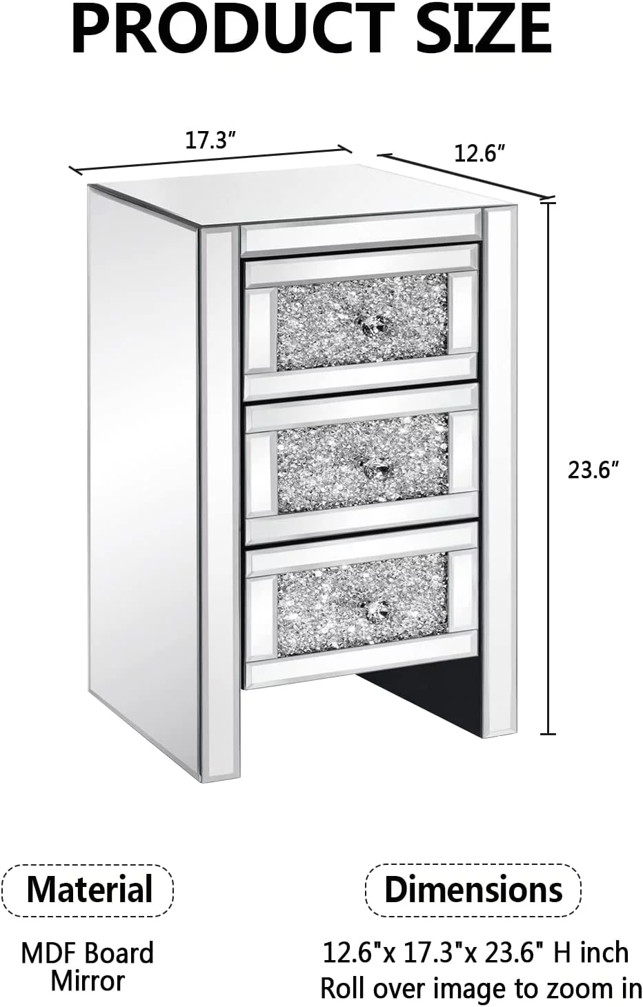 Alohappy Mirrored Nightstand with 3-Drawers, Mirror and Crystal Surface End Table Silver Bedside Table for Living Room/Bedroom, Fully Assembled