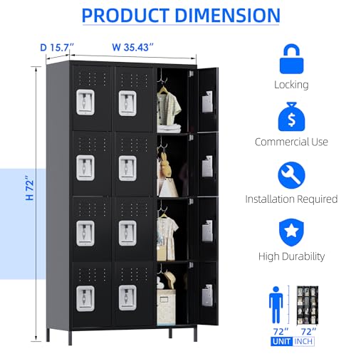 METAN Metal Storage Locker for School Office Gym Bedroom, 12 Doors Locker Cabinet for Employees, Industrial Steel Storage Locker with 12 Hooks