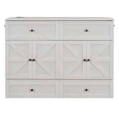 Harper & Bright Designs Full Size Murphy Bed Cabinet Wall Bed Chest with USB