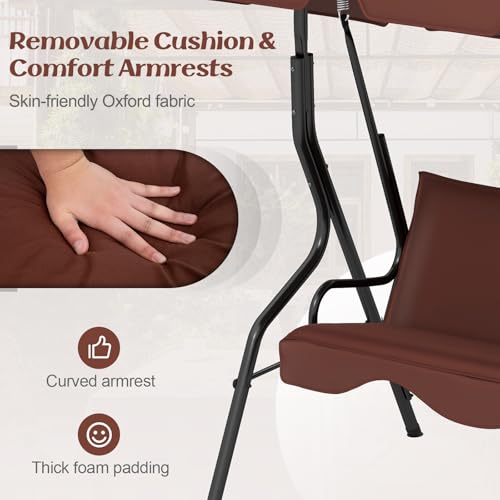 Tangkula 3 Person Porch Swing, Patio with Removable Cushion & Powder-Coated Steel Frame, Outdoor Swing with Canopy for Porch, Backyard, Garden