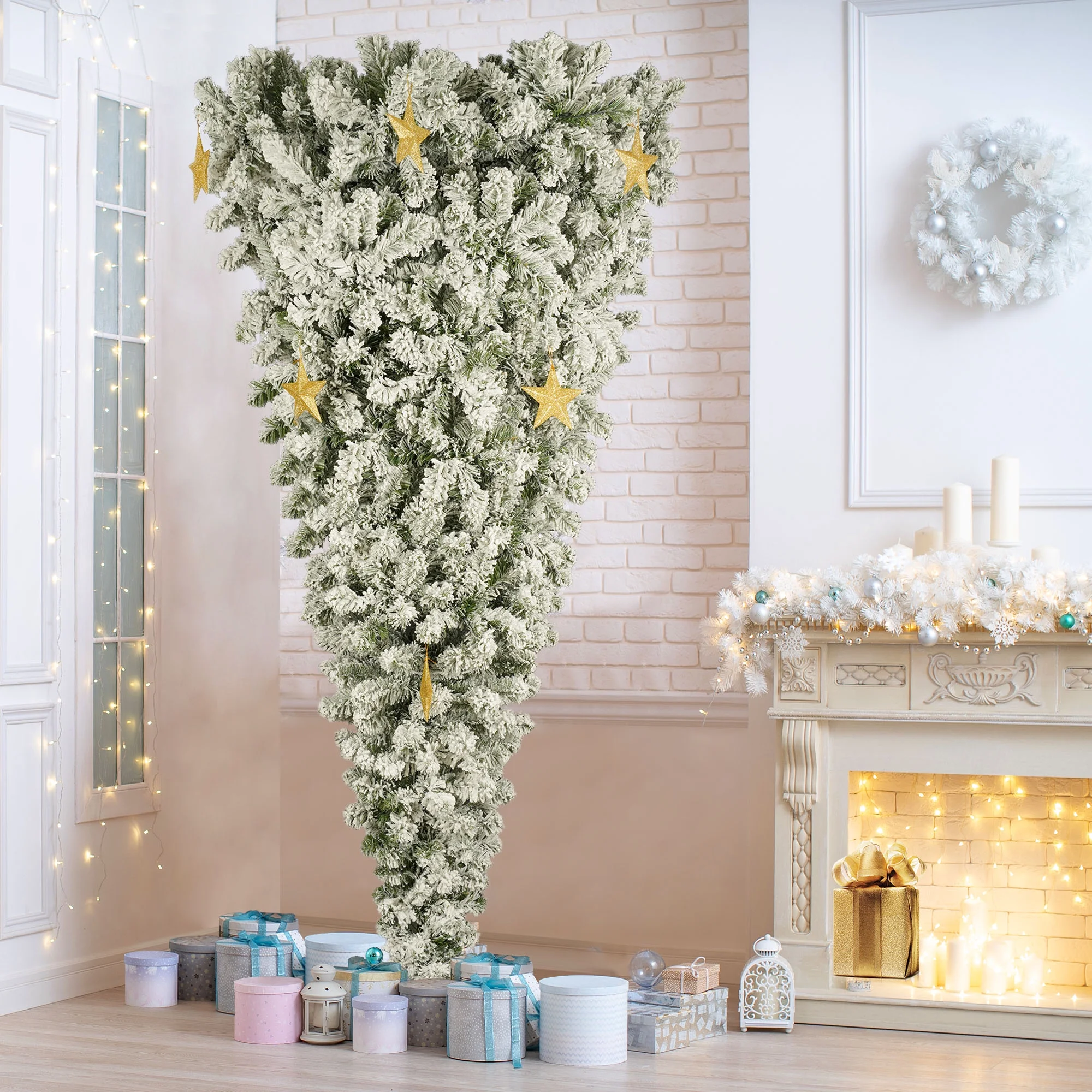 PAPROOS Upside Down Christmas Tree with Lights, 6FT Prelit Artificial Christmas Tree with 360 LED Lights and 966 Branch Tips