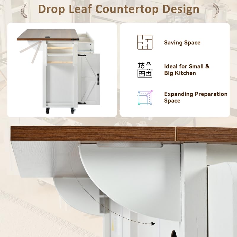 53.5''Farmhouse Kitchen Island with Power Outlet, Kitchen Storage Island with Drop Leaf, Spice Rack and Drawer, Rolling Kitchen Cart on Wheels