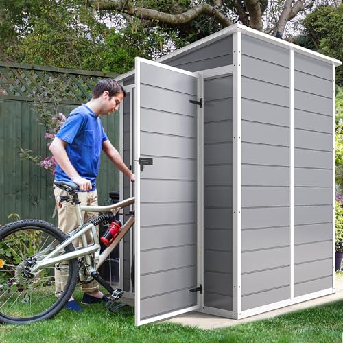 DWVO 5x3ft Resin Outdoor Storage Shed with Floor, Waterproof Lockable Storage Shed with Window, Plastic Outside Tool Storage for Garden, Backyard