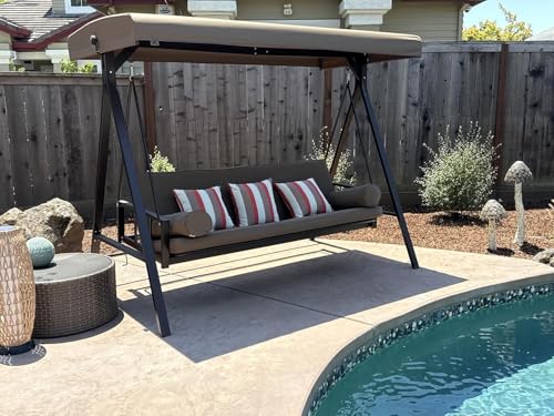 PURPLE LEAF Outdoor Patio Porch Swing with Adjustable PVC Canopy, 3-seat Swing Chair Bench with Side Cup Holder for Backyard Front Porch Lawn