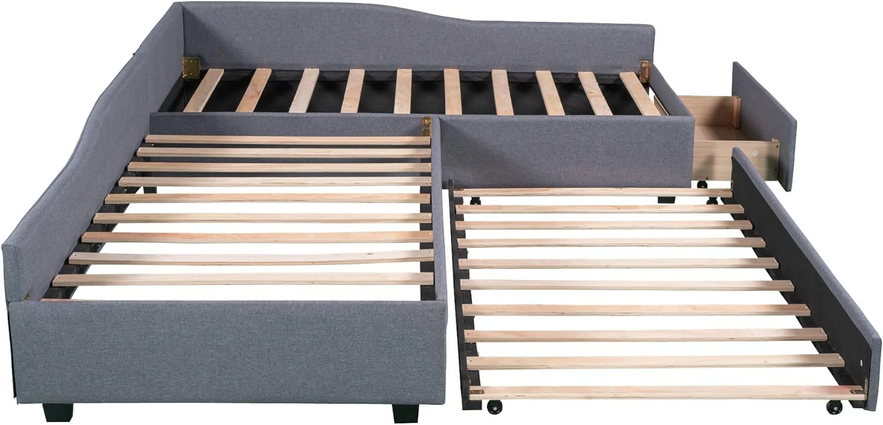 Upholstered Double Size Daybed With Trundle And Drawer, Living Room Sofa Bed, No Box Spring Need (Gray)