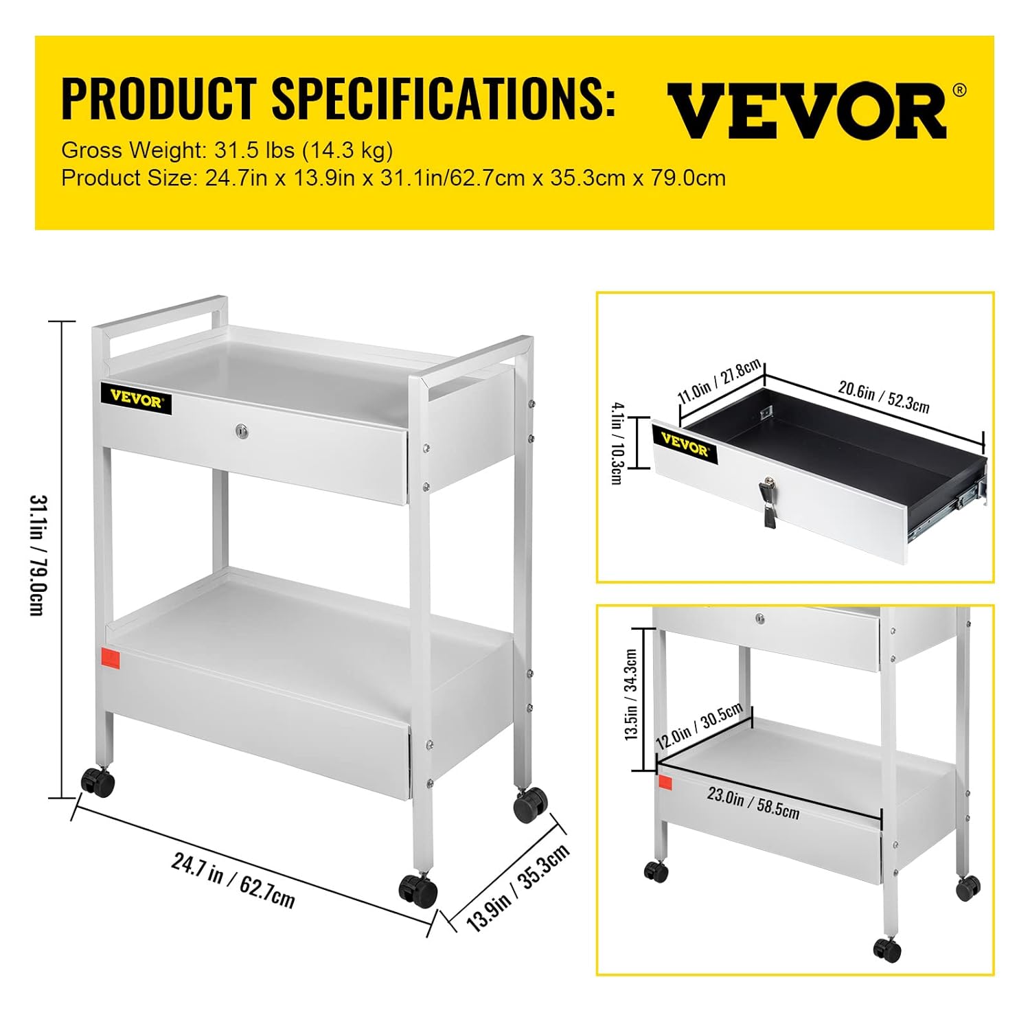 VEVOR Lab Cart, 2 Tiers Lab Trolley, Steel Lab Utility Cart, 360° Rolling Lab Cart, Locking Drawer Stainless Steel Lab Cart