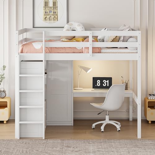 Harper & Bright Designs Full Size Loft Bed with Desk & Wardrobe, Wood Full Loft Bunk Bed with Storage Shelves and Drawers, No Box Spring Needed,White