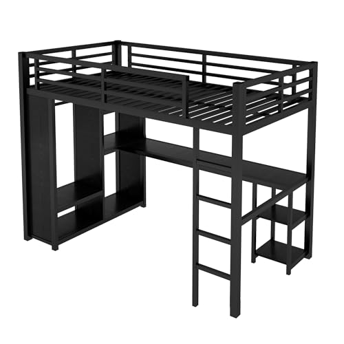 Queen Heavy Duty Metal Loft Bed with L-Shaped Desk, Wardrobe & 5 Storage Shelves – Space-Saving Design for Kids, Teens, Adults – CPC Certified