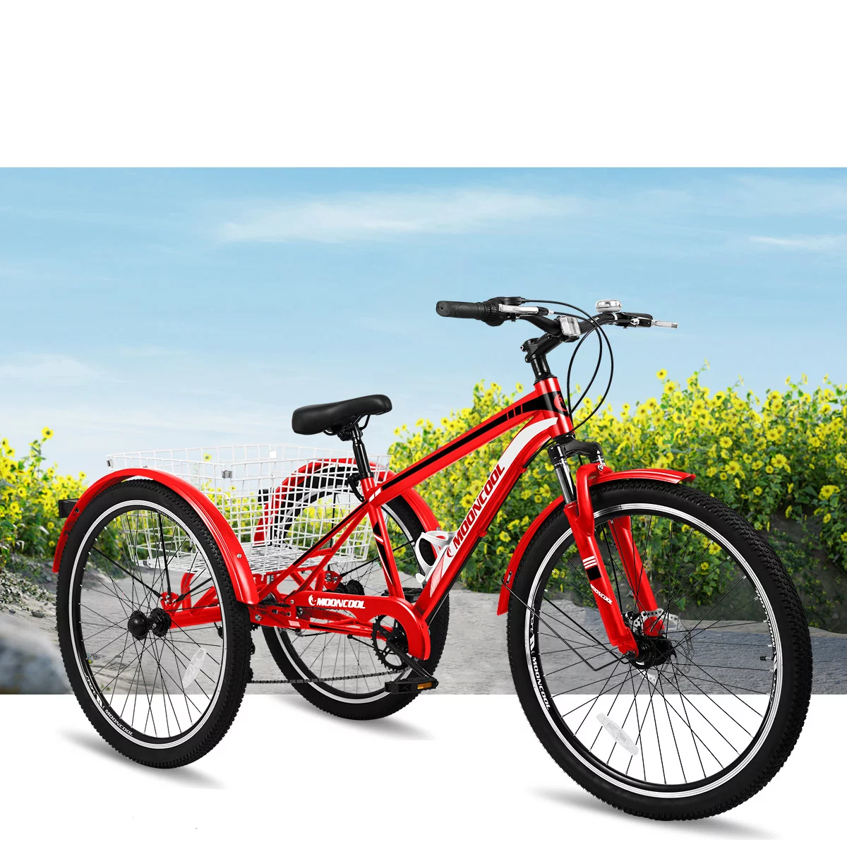 Mooncool Adult Mountain Tricycle, 7 Speed Three Wheel Bike, 24/26/27.5 Inch Adults Trikes for Seniors with Shopping Basket