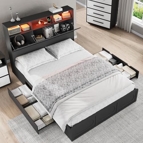 Queen Bed Frame with 47" Storage Headboard, Queen Size Wood Bed Frame with 4 Storage Drawers, Built-in Charging Station & LED, Solid Wood Slats
