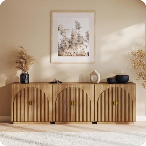 BELLEZE 65 Inch Fluted Buffet Cabinet with Storage, Symmetrical Arc Accent Sideboard Large Console Table for Dining Room, Kitchen